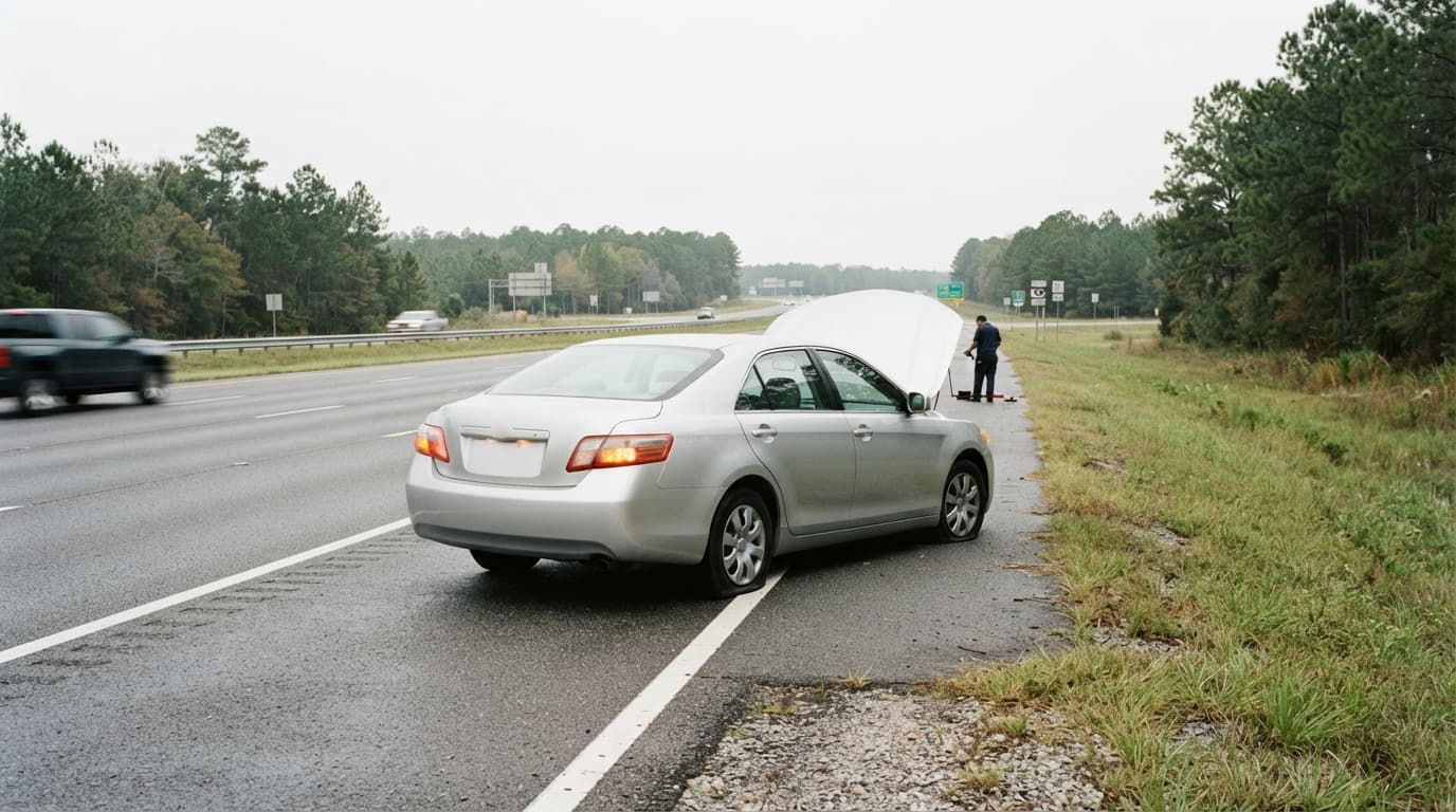 Driver in Beaumont Texas waiting safely for dead battery jump start service