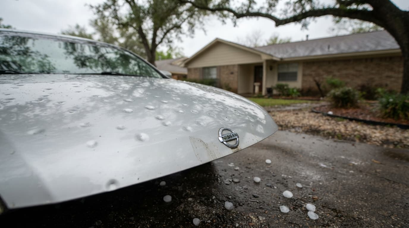 Beaumont TX vehicle with hail dents and cracked windshield after severe storm