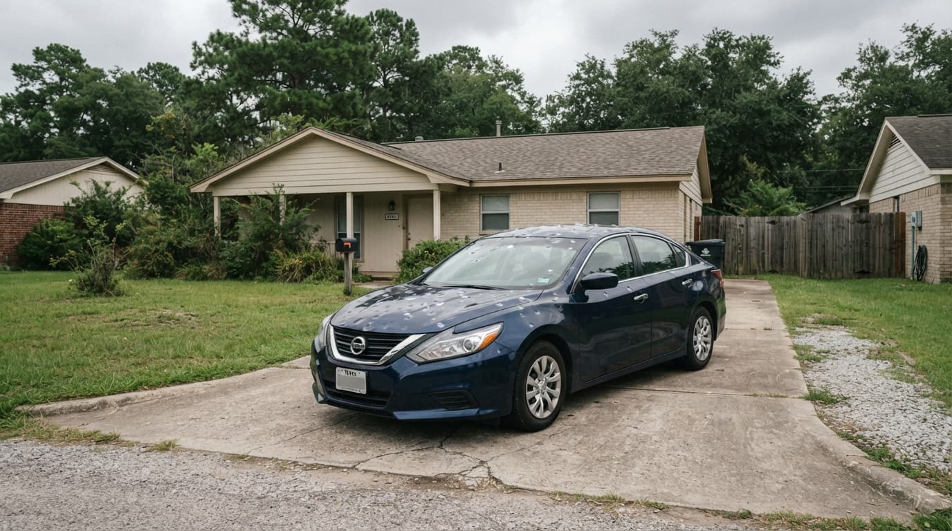 Driver documenting hail damage on car in Beaumont Texas with photos and notes