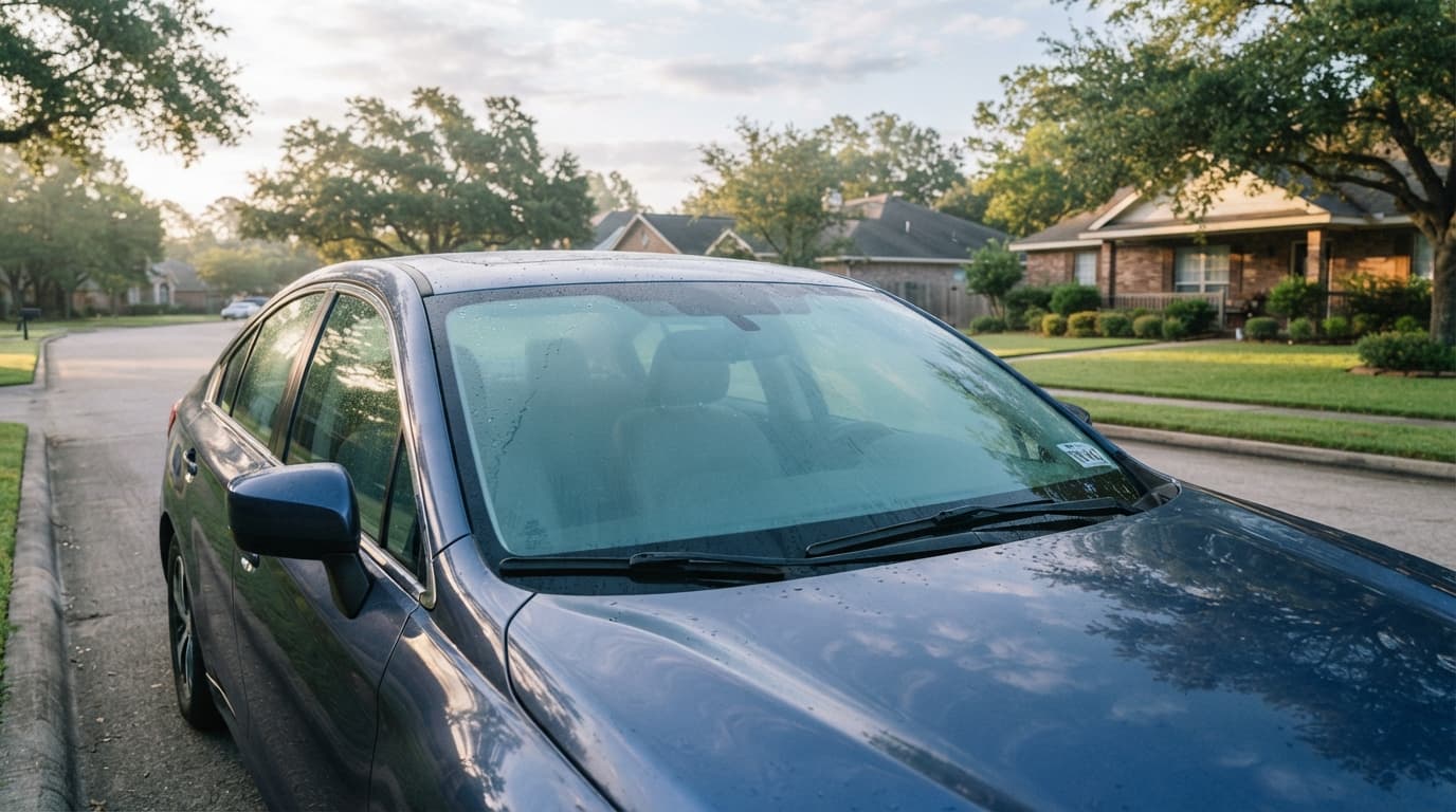 Beaumont TX driver inspecting cracked windshield for insurance repair or replacement