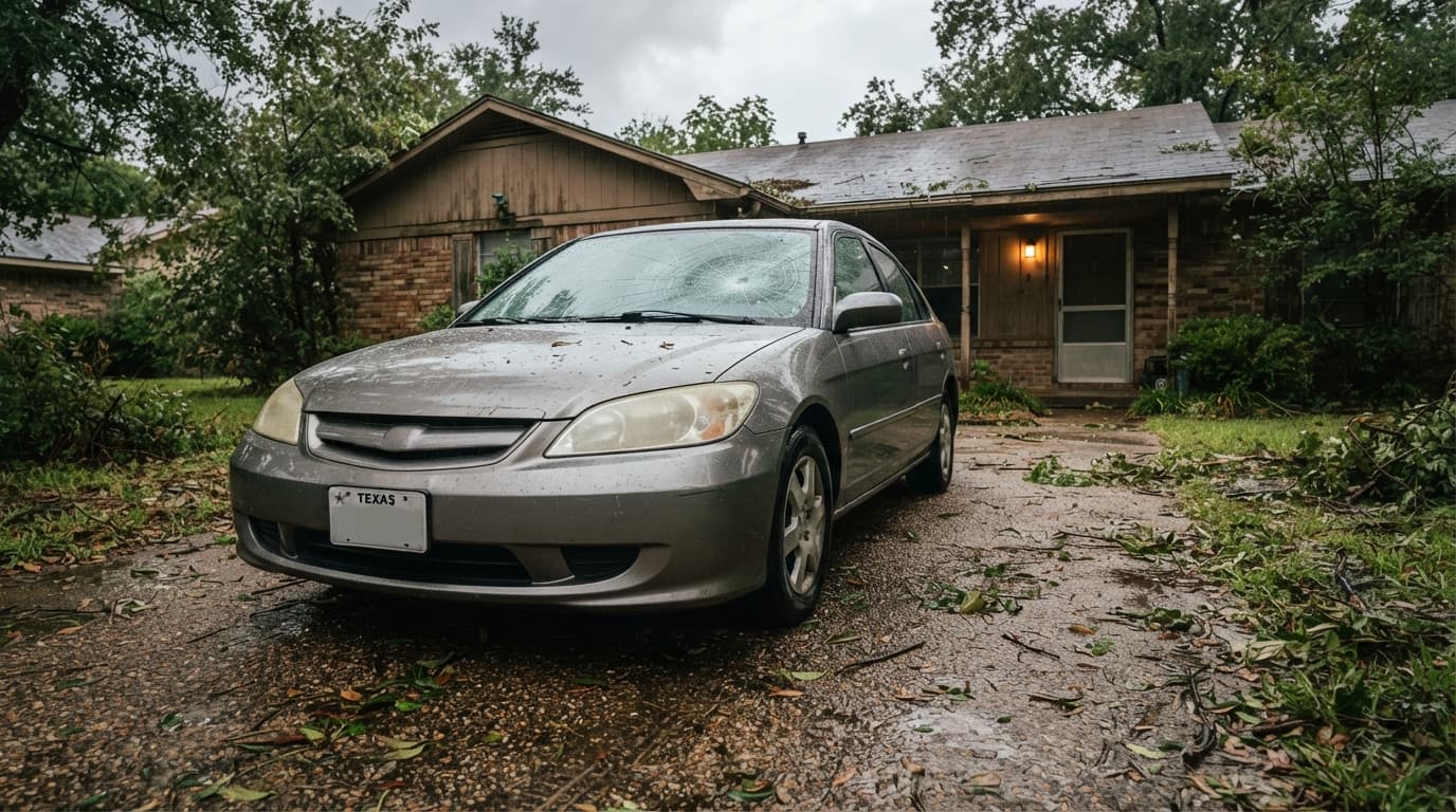 Beaumont TX storm damaged windshield with cracked auto glass after hail and debris