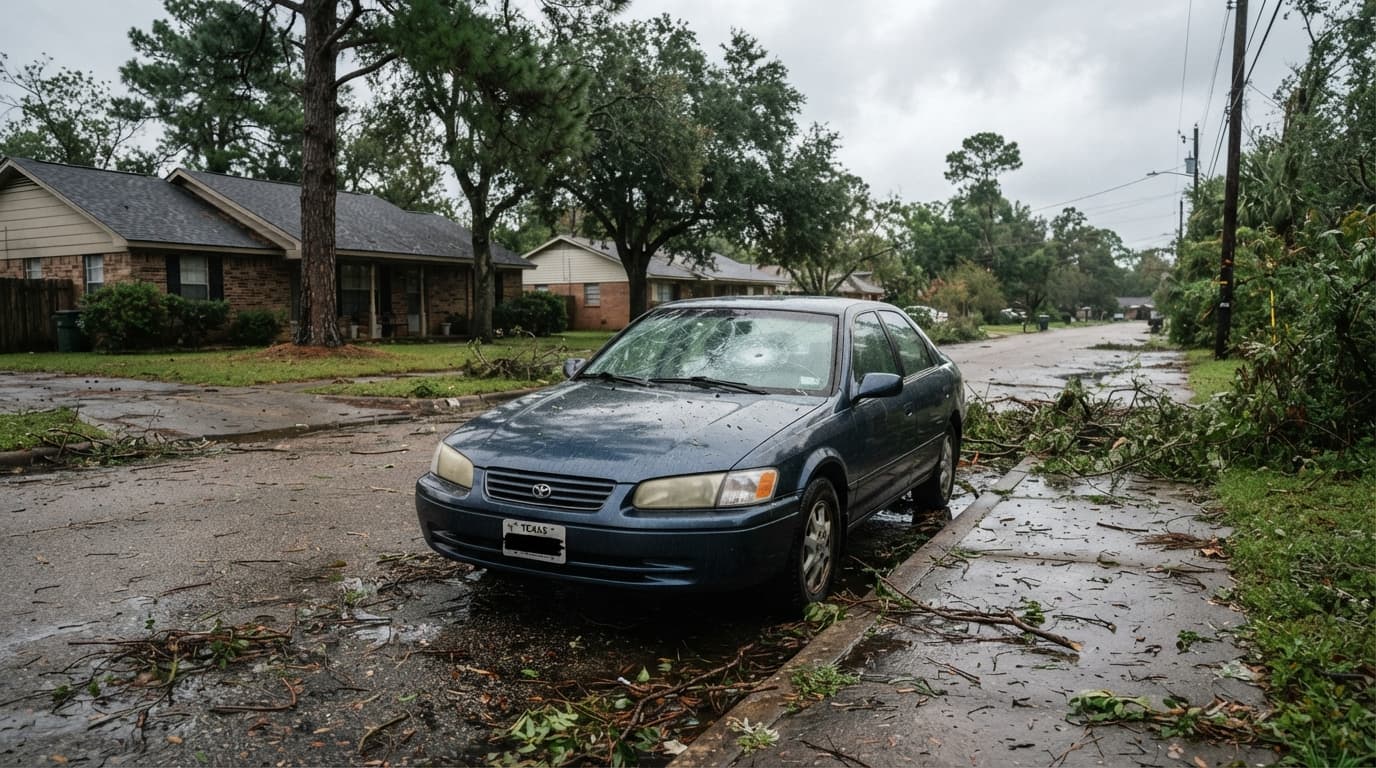 Beaumont driver documenting broken car window and windshield claim after severe storm