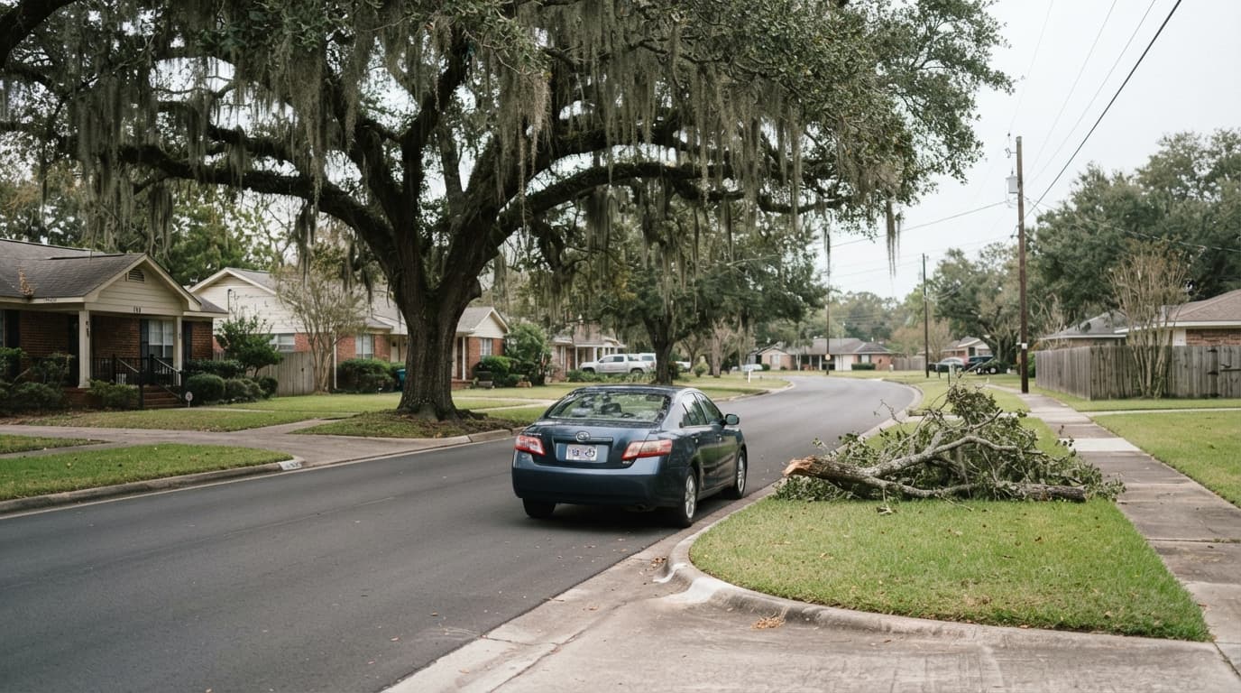 Storm debris and fallen tree limb damage to a parked car in Beaumont Texas