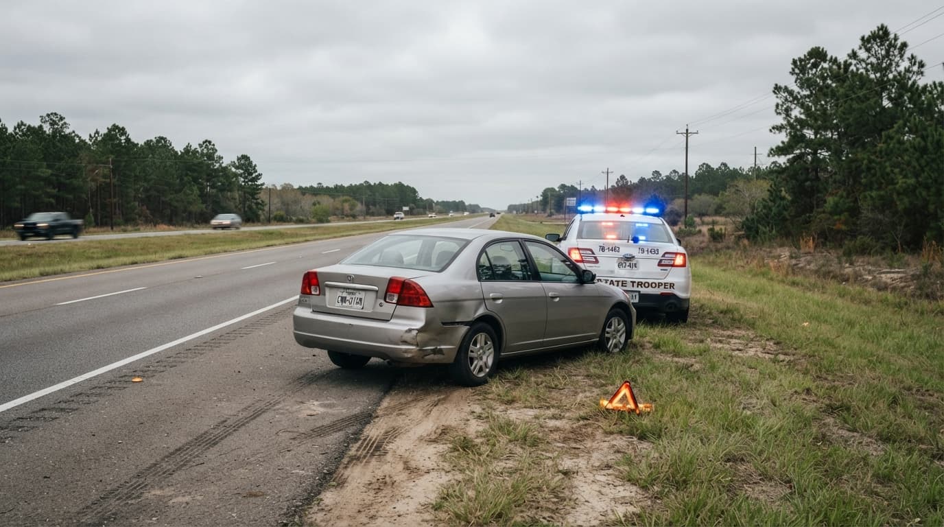 Damaged car and police response after a Beaumont Texas hit-and-run