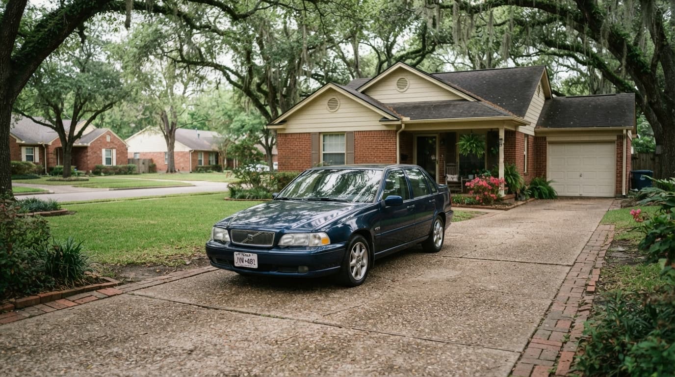 Older car parked in Beaumont Texas as driver reviews collision coverage costs