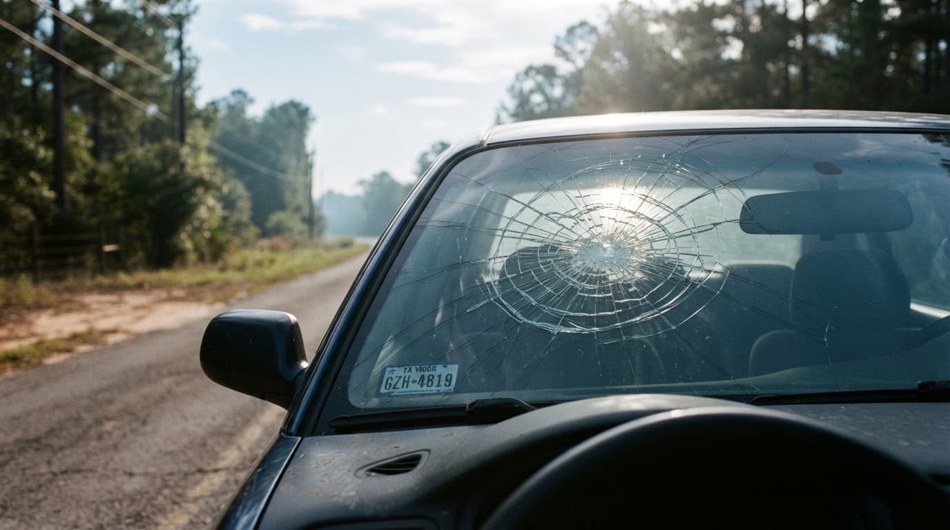 Cracked windshield on a commuter vehicle in Beaumont Texas traffic