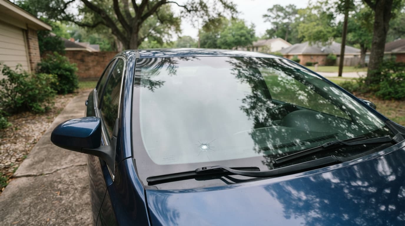 Beaumont TX driver reviewing auto insurance glass coverage after windshield damage