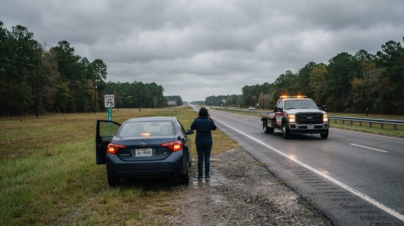 Driver using auto roadside assistance in Beaumont TX after a flat tire on a local roadway